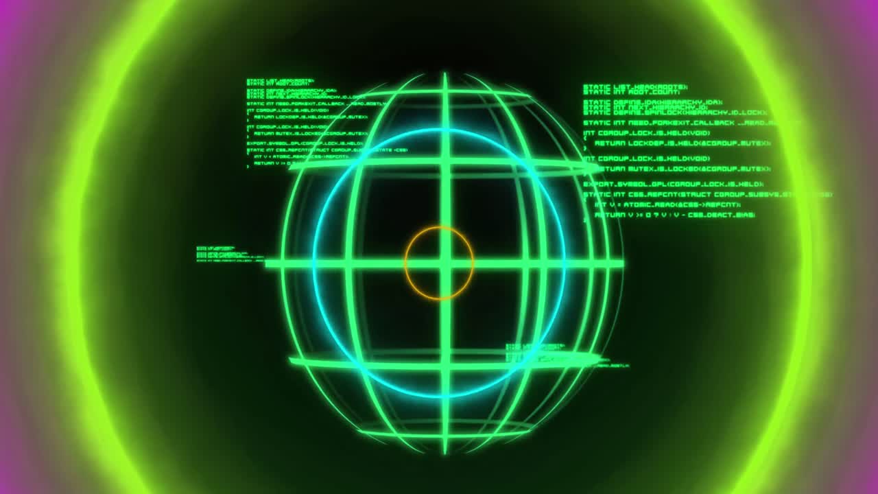 블랙 배경에 네온 서클 위에 지구의 애니메이션과 데이터 처리