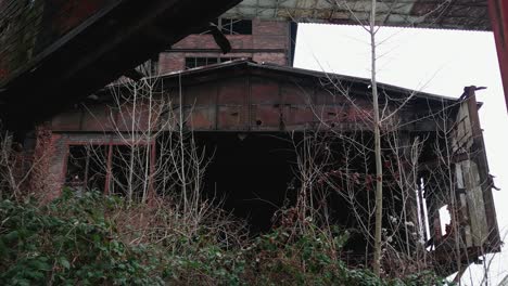 Edificio-Industrial-Abandonado-Y-En-Ruinas,-Con-Metal-Oxidado,-Ventanas-Rotas,-Cubierto-De-Vegetación