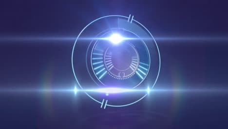 animation of moving beams of light and circular safe lock rotating on dark background