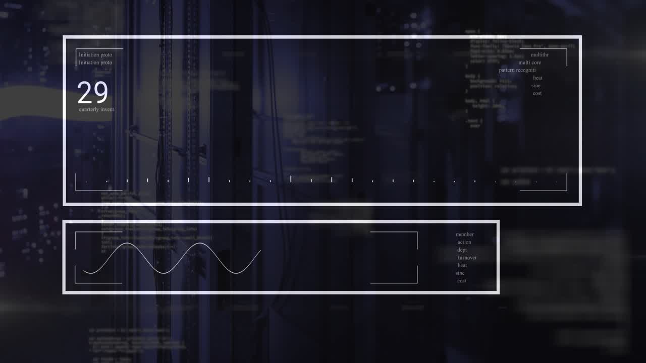 GUI-paneler som dukker opp over serverrack og oppdaterer måledata, animerer søylediagrammer og forsvinner deretter