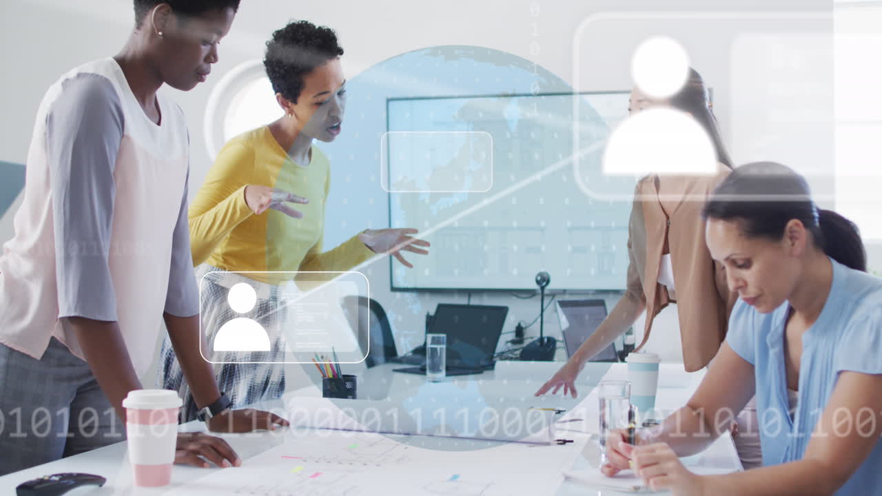 animación de iconos y conexiones sobre diversas personas de negocios en la oficina