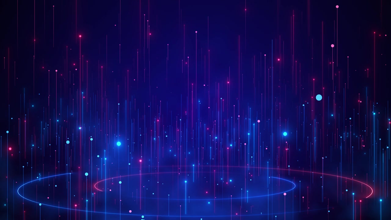 Neon data rain background with blue and pink vertical light streaks glowing circular rings and dark