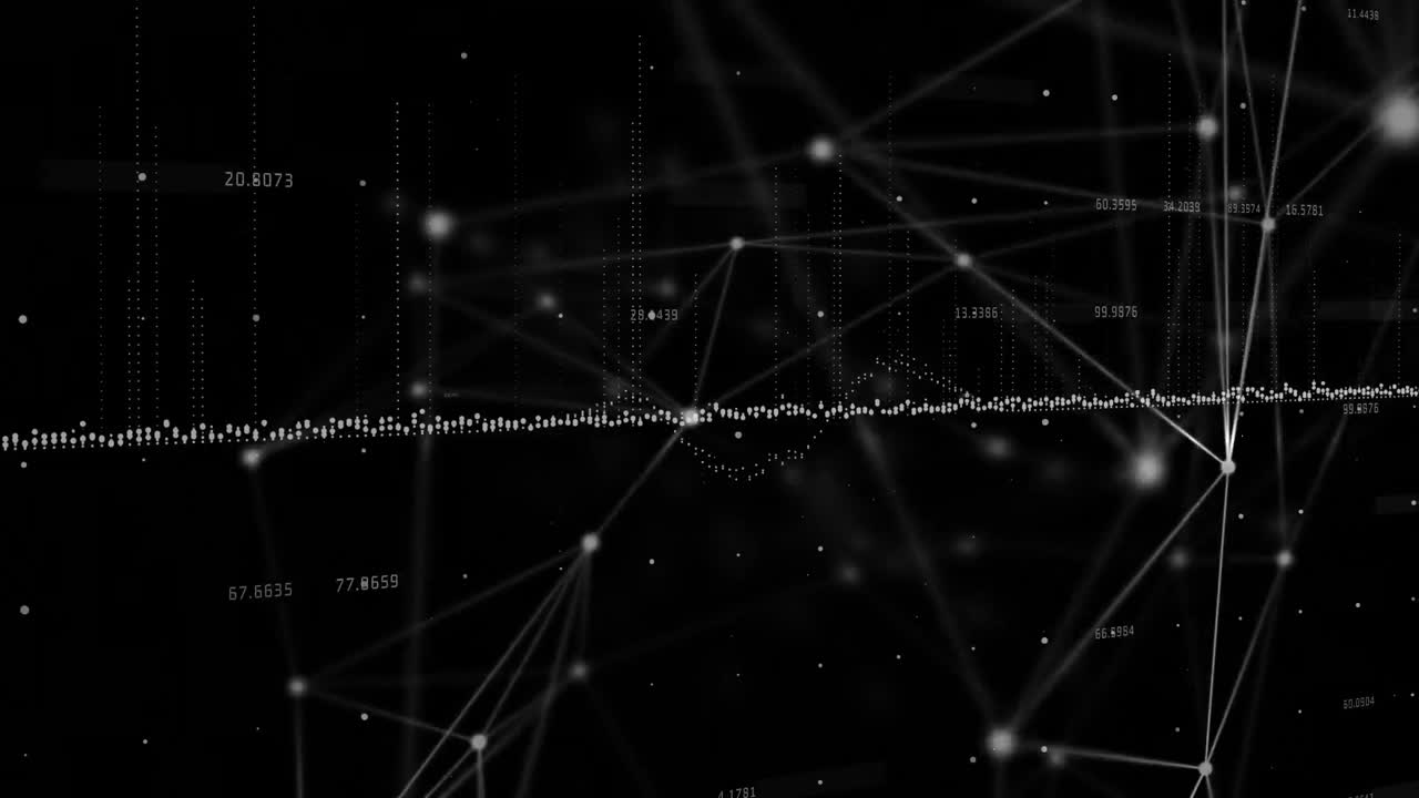 검은 바탕에 변하는 숫자를 가진 연결된 점 위의 그래프의 애니메이션