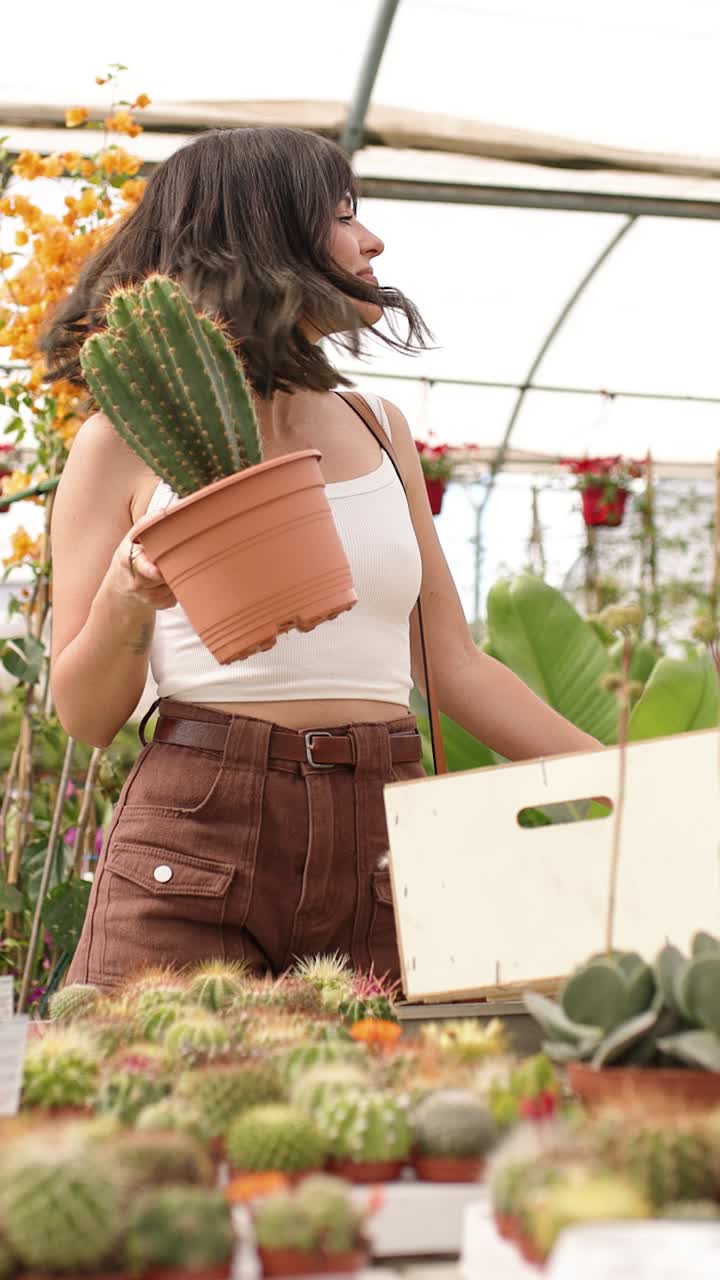 Woman choosing cactus in garden center. Vertical