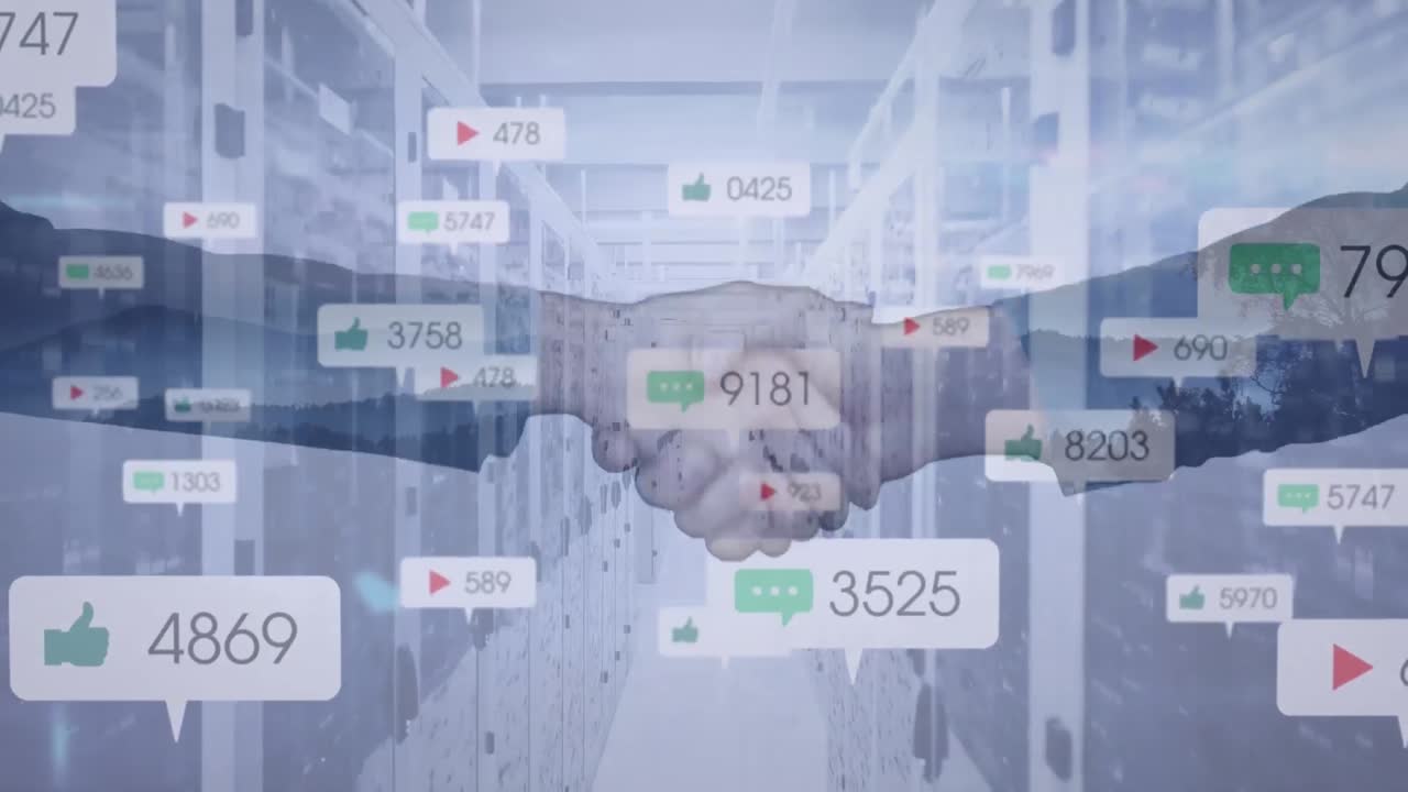 소셜 미디어 아이콘의 애니메이션, 컴퓨터 서버에서 사업가의 악수