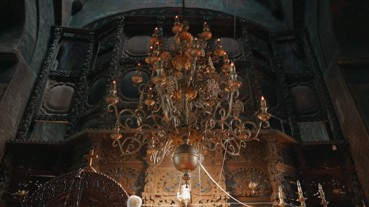 Vintage Chandelier Inside The Mera Monastery In Vrancea, Romania. Low Angle Shot