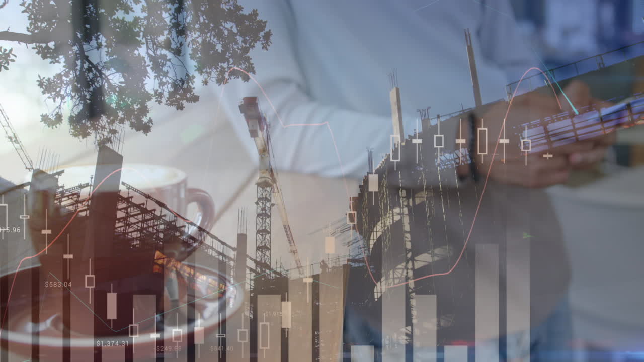 animación de estadísticas y procesamiento de datos sobre el sitio de construcción y el empresario utilizando un teléfono inteligente