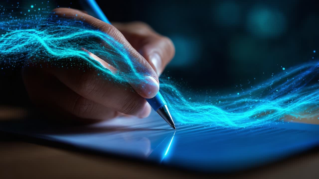A Captivating Journey of Creativity: Witness the Transformative Power of Writing as a Hand Guides a Pen Across Paper, Leaving a Trail of Illuminating Blue Energy in its Wake