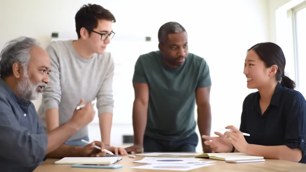 Een samenwerkend team bespreekt ideeën rond een vergadertafel, voert dynamische gesprekken en brainstormt om problemen effectief op te lossen