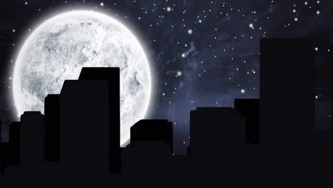 digital animation of silhouette of tall building against moon and stars in night sky