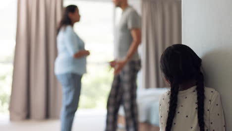 parents, fight and girl in a family home listening