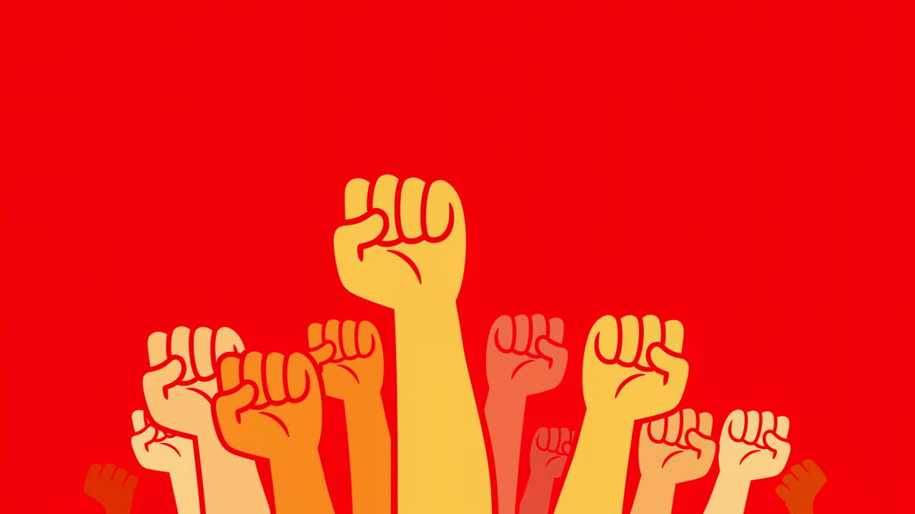 Pugni Animati che si Alzano in Protesta e Unità su Sfondo Rosso