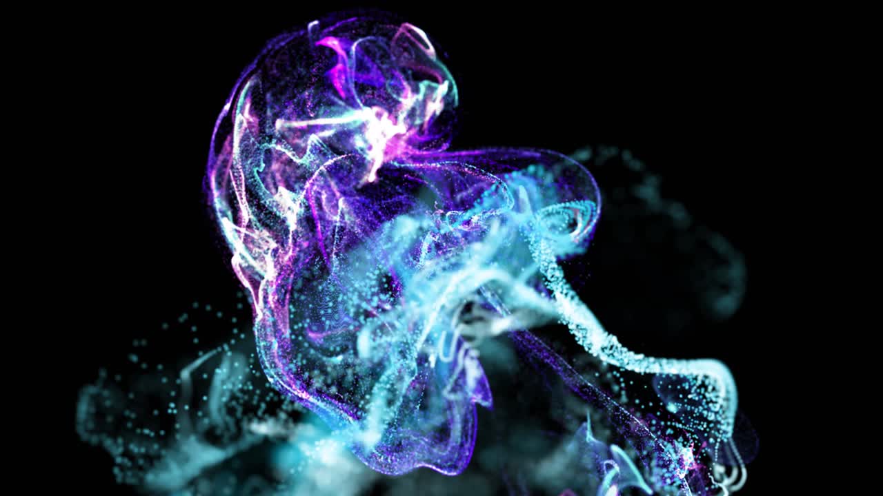 animación de nubes de partículas púrpuras y azules que se mueven sobre un fondo negro