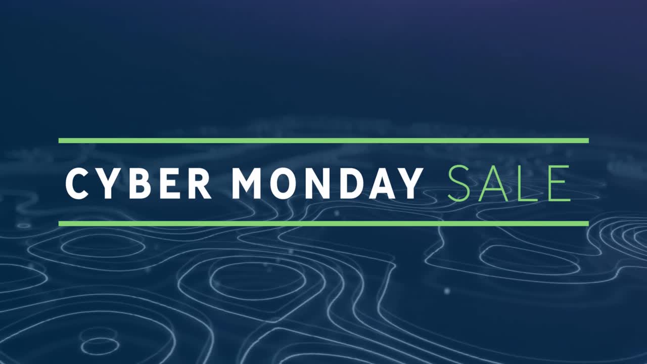 Animazione di banner testuale 'Cyber Monday Sale' e topografia su sfondo blu