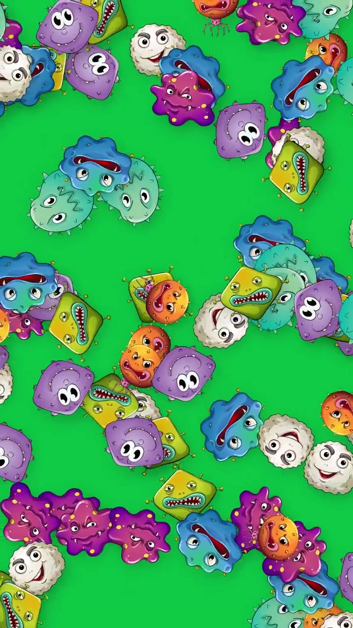 Animated colorful cartoon microbes and bacteria float vertically across a bright green screen background.