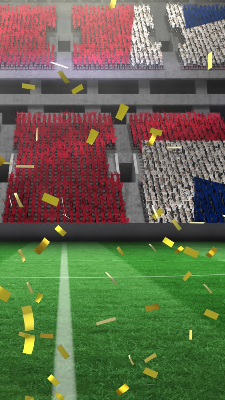 animación de confeti dorado cayendo sobre la bandera del reino unido en un estadio deportivo