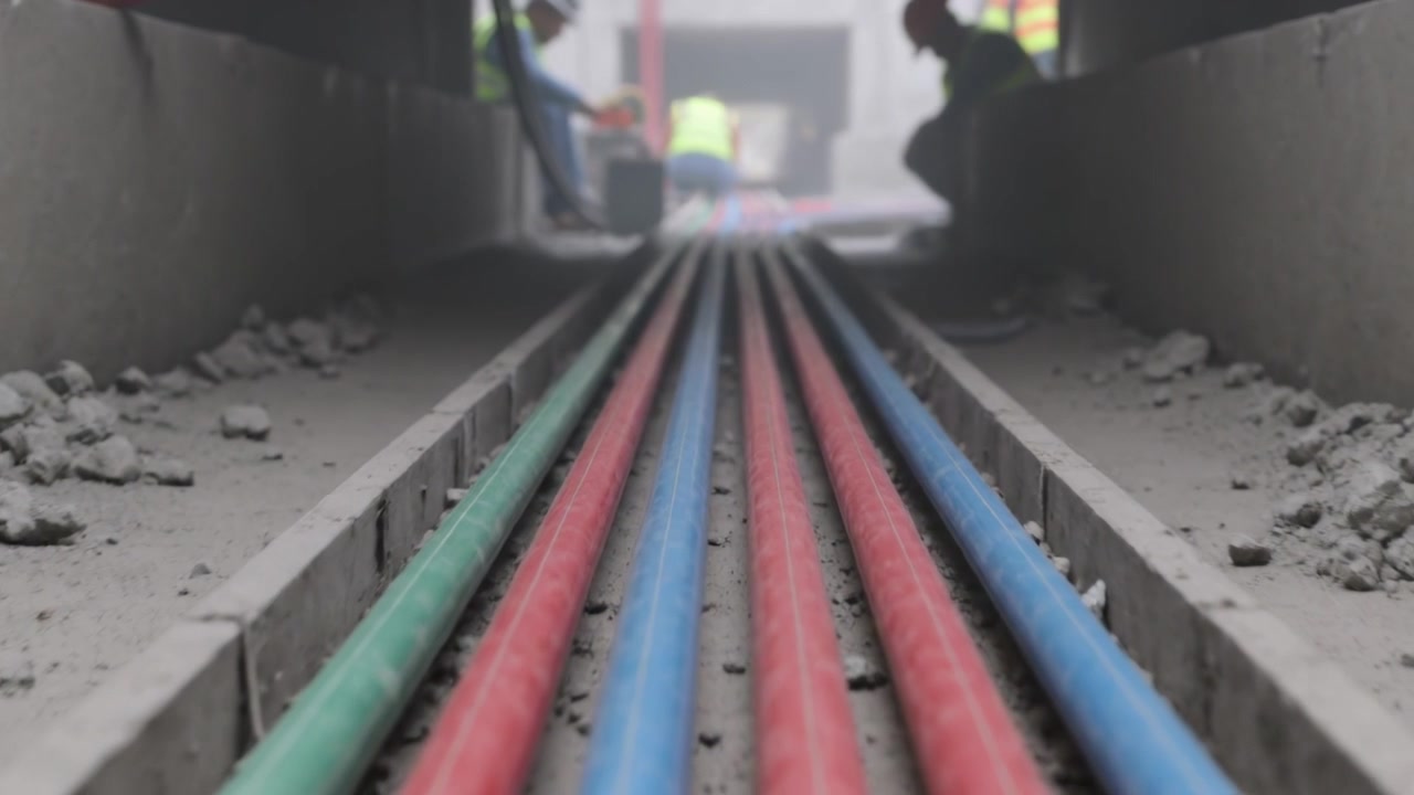 Camera tracking 4-color pipes in trench while crew wearing hi-vis vests, hard hats checking ends