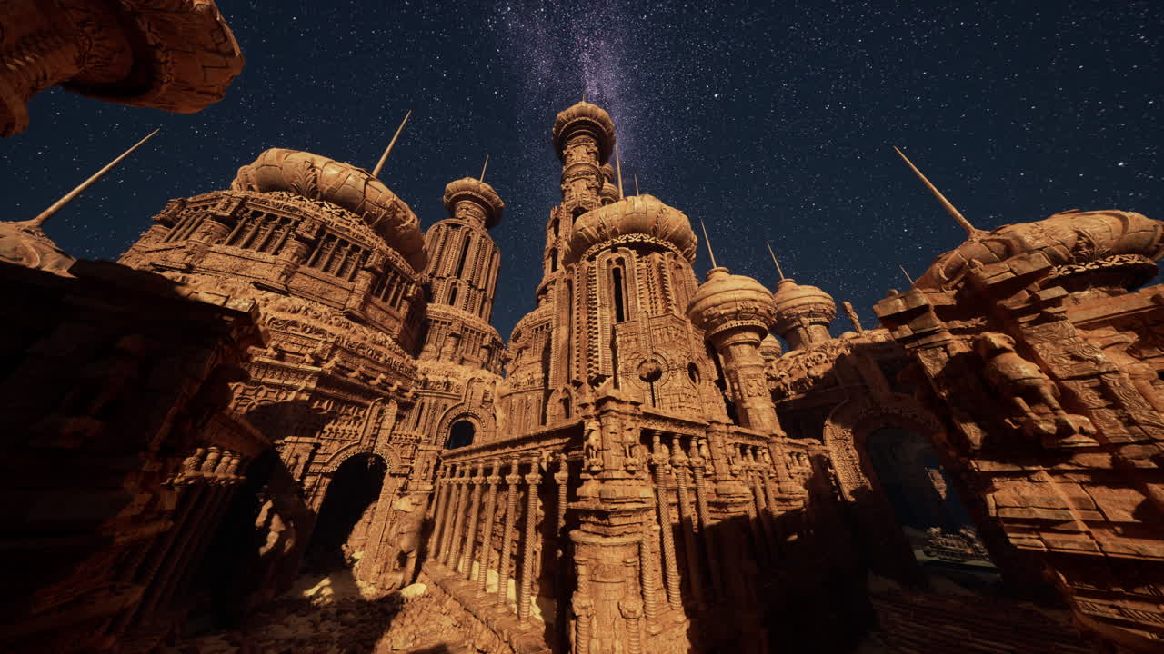 una arquitectura de fantasía de un castillo de piedra en un desierto bajo una noche estrellada