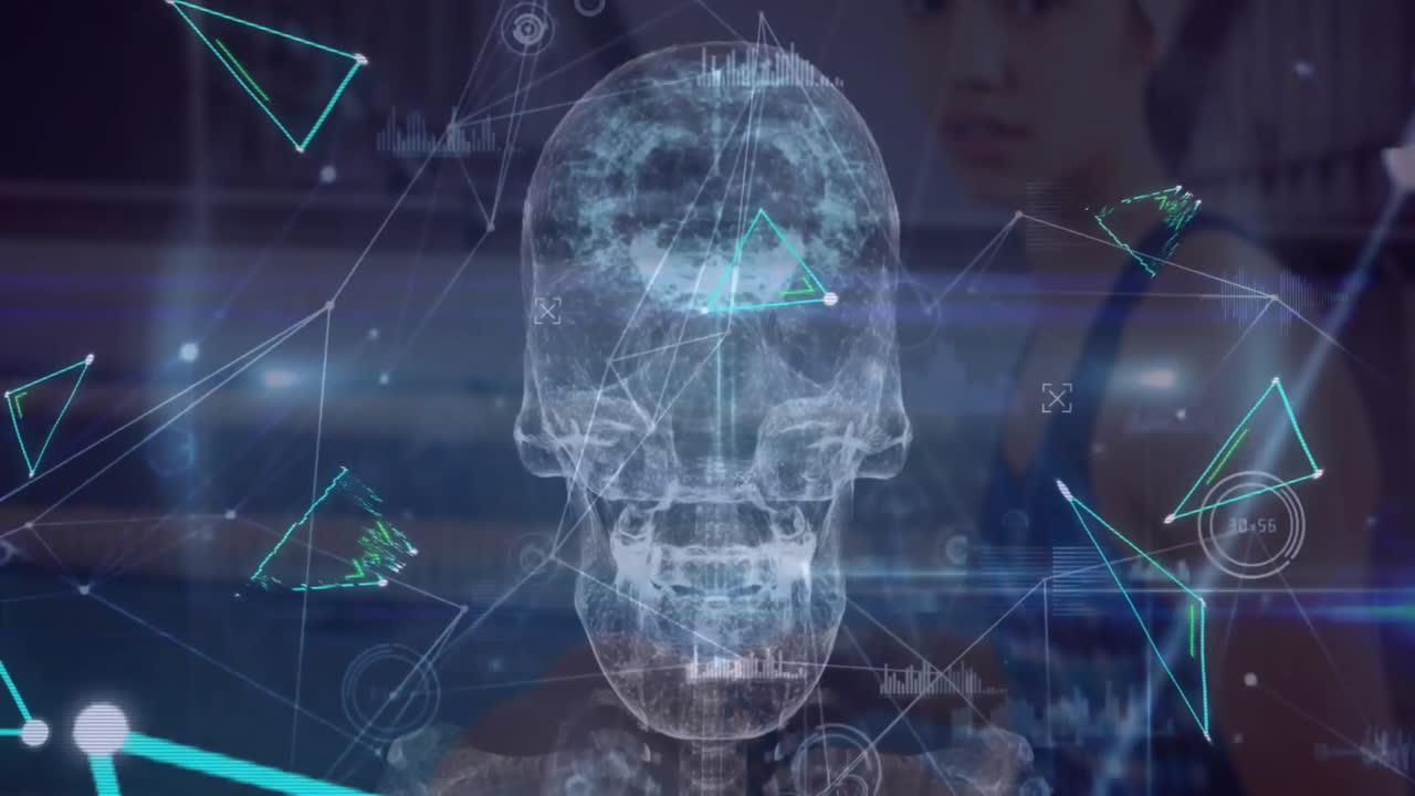 Animation of triangles, head x ray scan, networks and data over asian woman