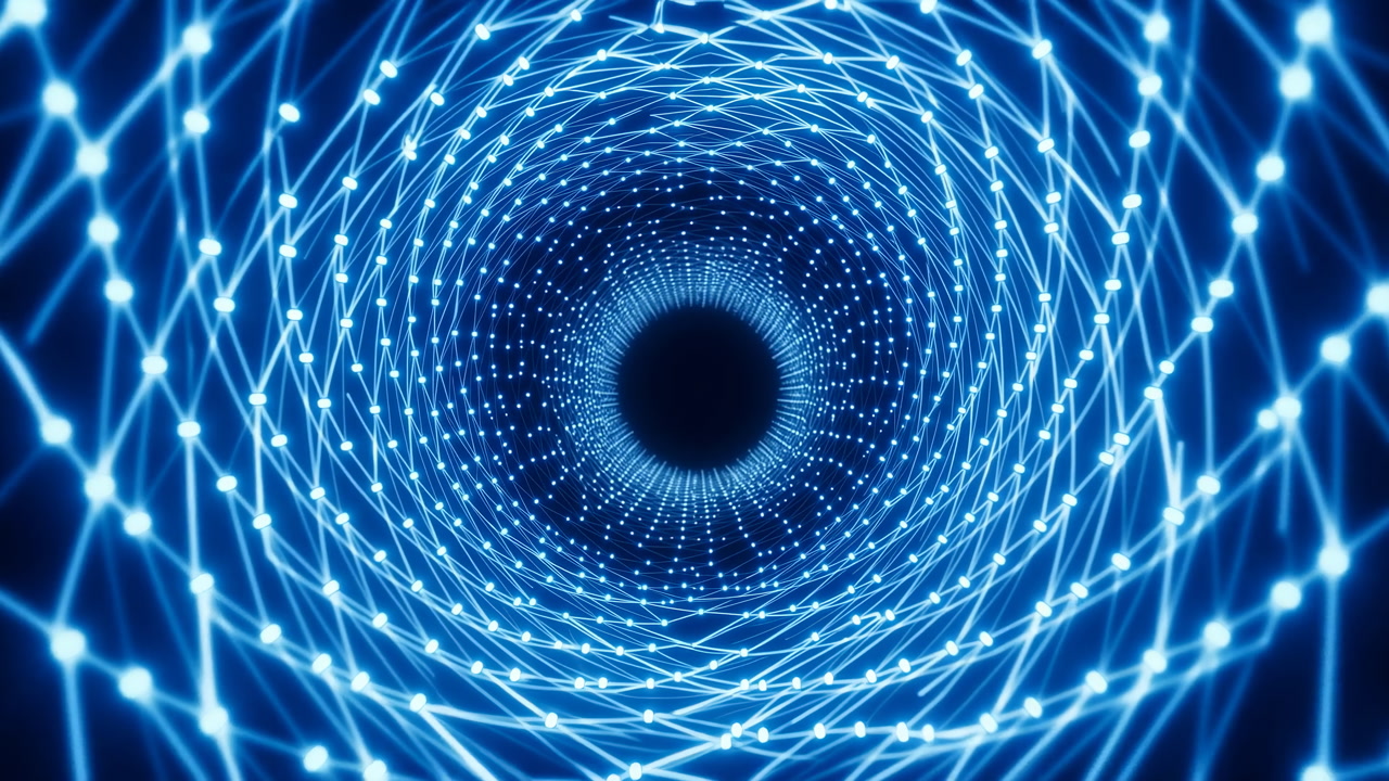 Blue Glowing Tunnel Of Light Particles, Spiraling Mesh Forming Hypnotic Vortex Into Dark Center Futuristic