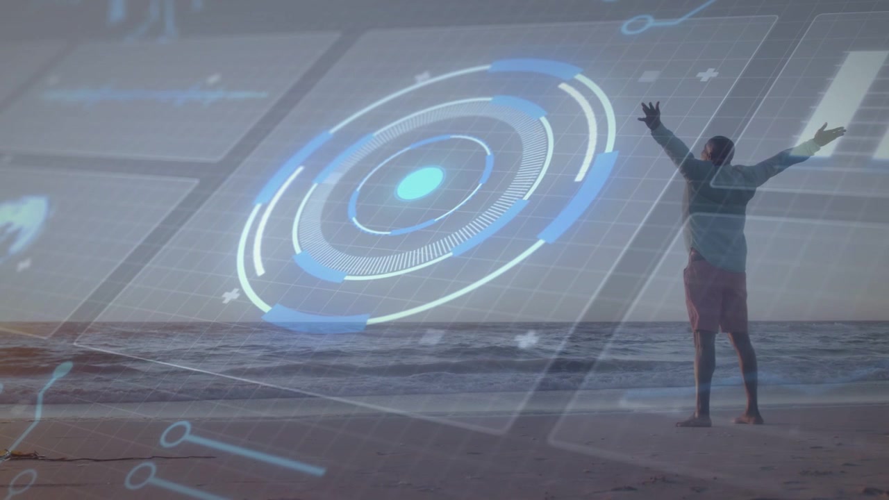 Pria paruh baya berdiri di tepi pantai, HUD (Head-Up Display) muncul melapisi di sisi kiri dan memetakan data laut untuk demo teknologi.