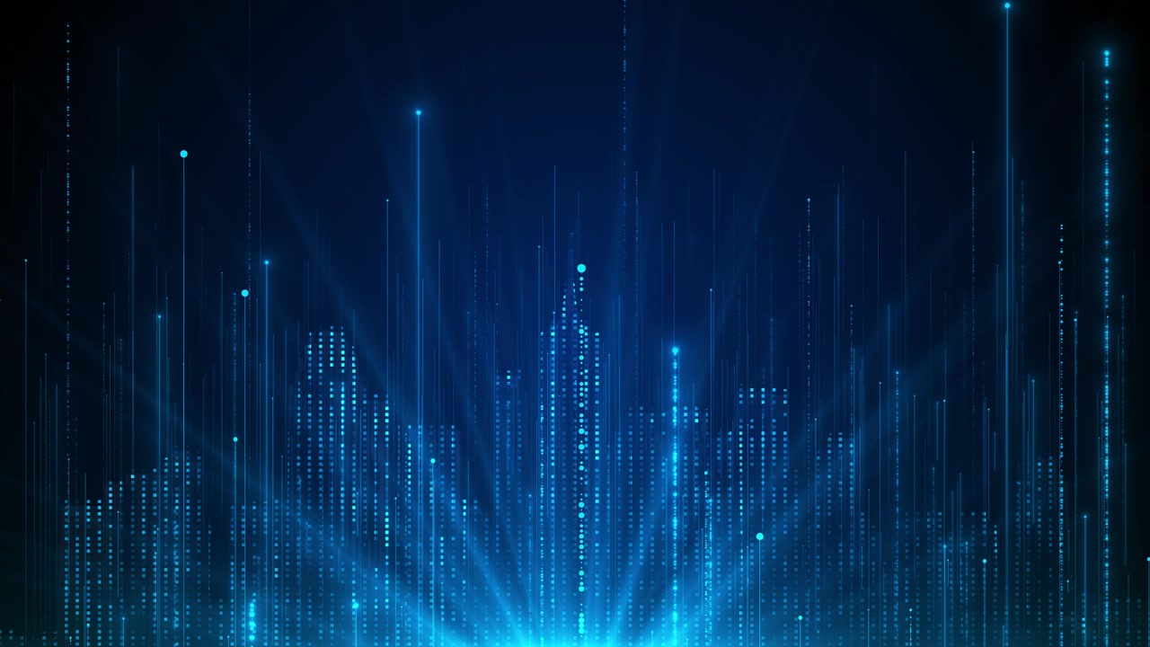 Blaue digitale Smart-City-Skyline mit leuchtenden Gebäudebalken, vertikalen Datenlinien und futuristischer Stadtlandschaft.