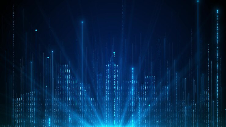 Blue digital smart city skyline with glowing building bars vertical data lines and futuristic urban