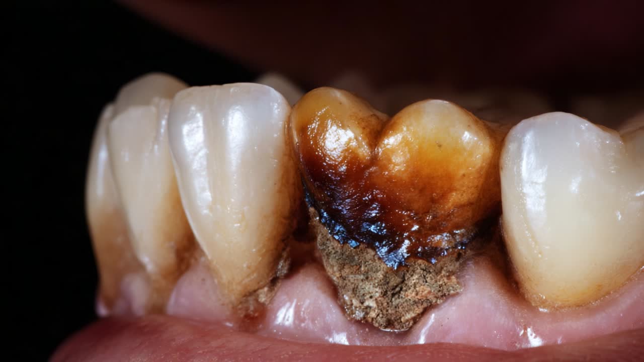 Close-Up Examination of Dental Decay with Visible Cavities and Tartar Buildup Illustrating Serious Oral Health Concerns Affecting Tooth Enamel and Overall Dental Condition