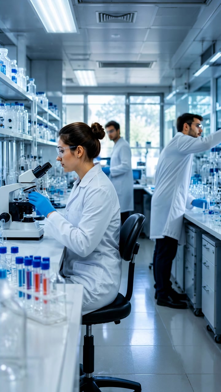 Una científica con bata blanca de laboratorio y guantes azules examina una muestra con un microscopio, mientras sus colegas trabajan con material de vidrio y especímenes en un entorno luminoso.