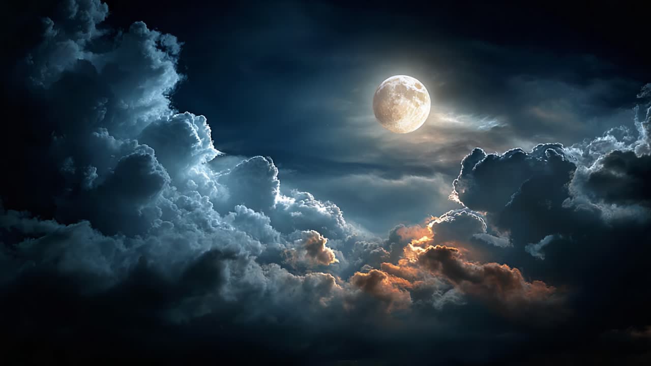 Pemandangan malam yang memukau menampilkan bulan purnama yang menerangi langit dramatis yang dipenuhi awan berputar, memancarkan bayangan dan rona yang mempesona di seluruh lanskap malam