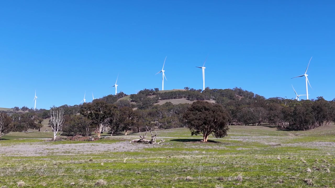 Ampia inquadratura fissa di turbine eoliche rotanti su una collina rurale australiana sotto la luce intensa del sole