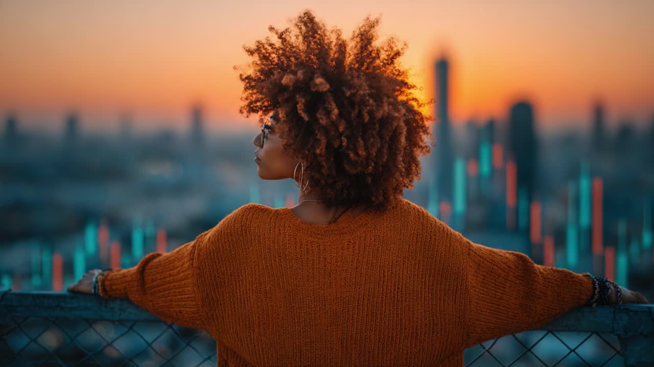 Contemplative Moment: A Young Woman with Curly Hair Gazes Out Over a City Skyline at Sunset, Reflecting on the Beauty of Life and Nature's Vibrant Palette