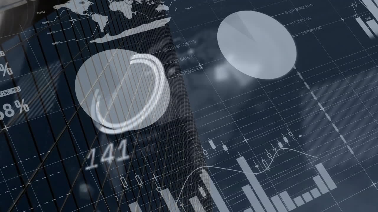 Animering av finansiell databehandling över en modern kontorsbyggnad.