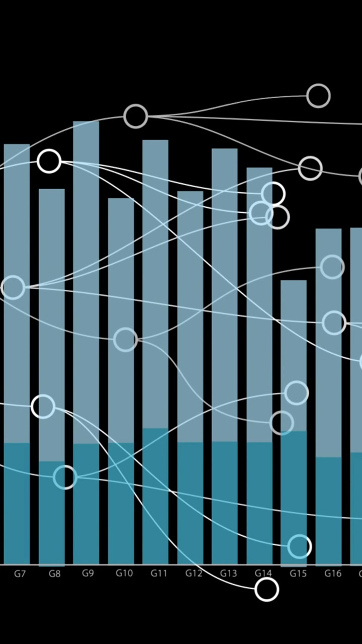 Animazione di rete di connessioni su elaborazione di dati finanziari su sfondo nero.