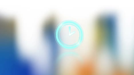 Neon-digital-clock-ticking-over-abstract-colorful-shapes-against-blurred-background