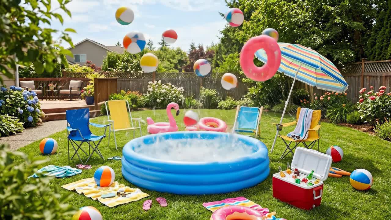Colorful Backyard Pool Party Setup with Inflatables and Drinks
