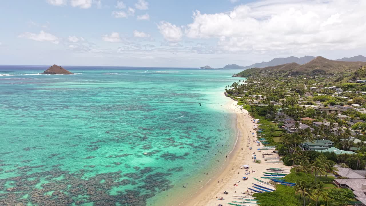Revealing Drone Shot of Lanikai Beach, Famous Sandy Shore on Oahu Island, Hawaii USA