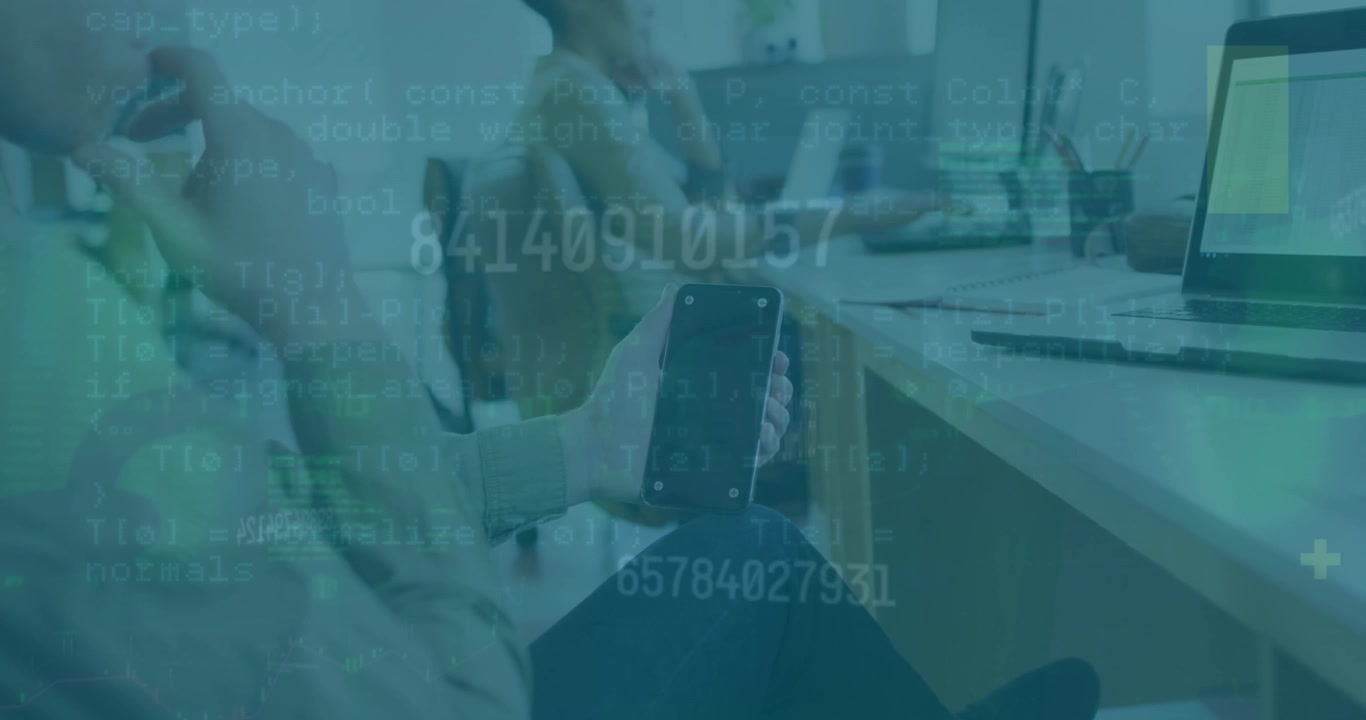 Animation of numbers over hands of caucasian man with smartphone with copy space in office