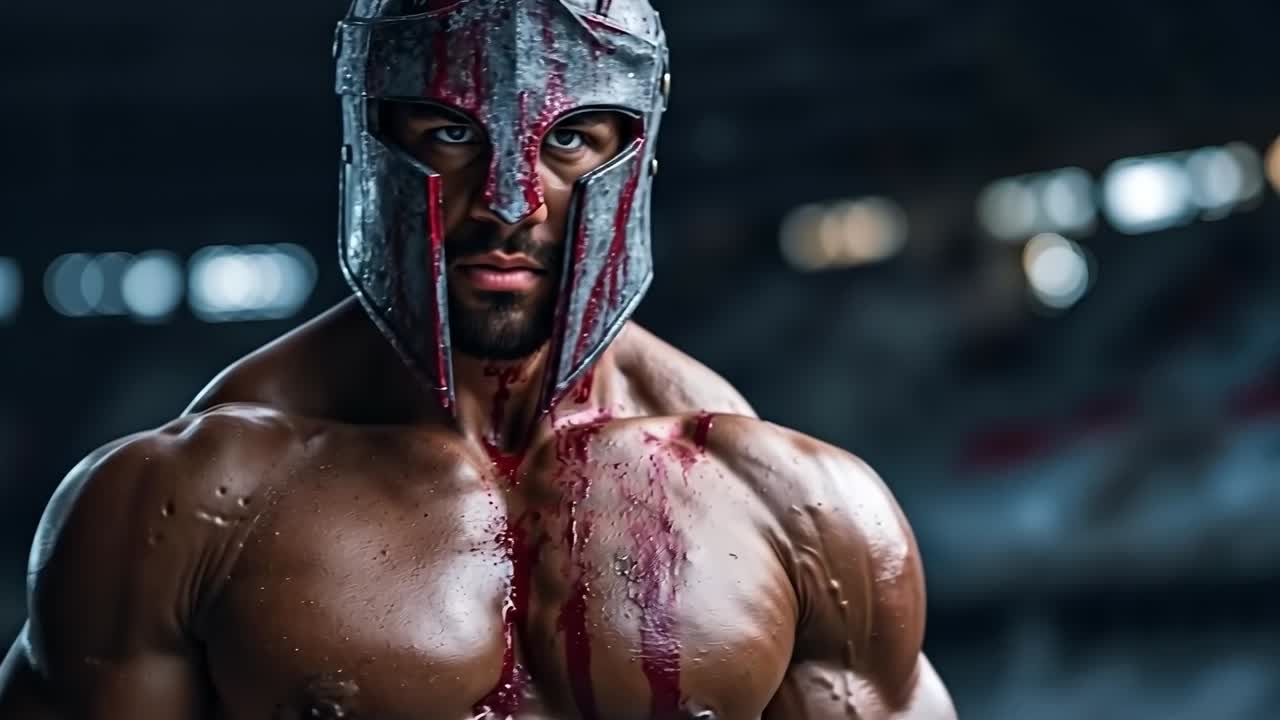 A man in a spartan helmet with blood on his face