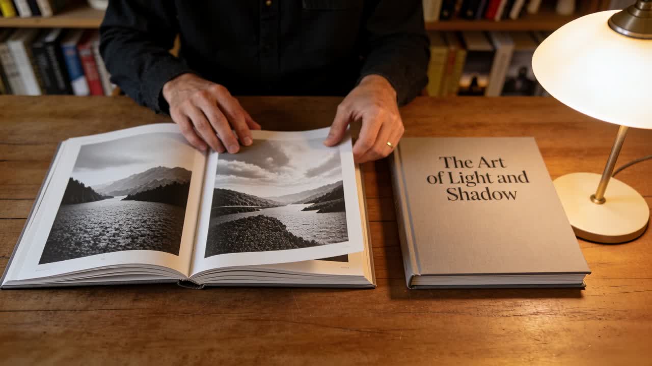 Sollevando la pagina destra, l'uomo gira e liscia le stampe su un tavolo di legno accanto a un libro chiuso, studiando le foto.