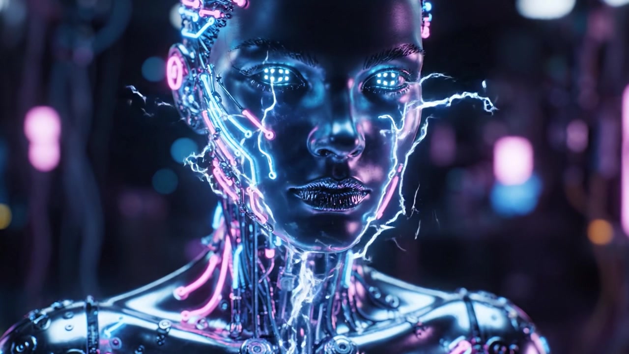 A Futuristic Cybernetic Figure Exhibiting a Stunning Blend of Advanced Technology and Artistic Design, Captured in Two Dramatic Frames Highlighting Its Luminous Features