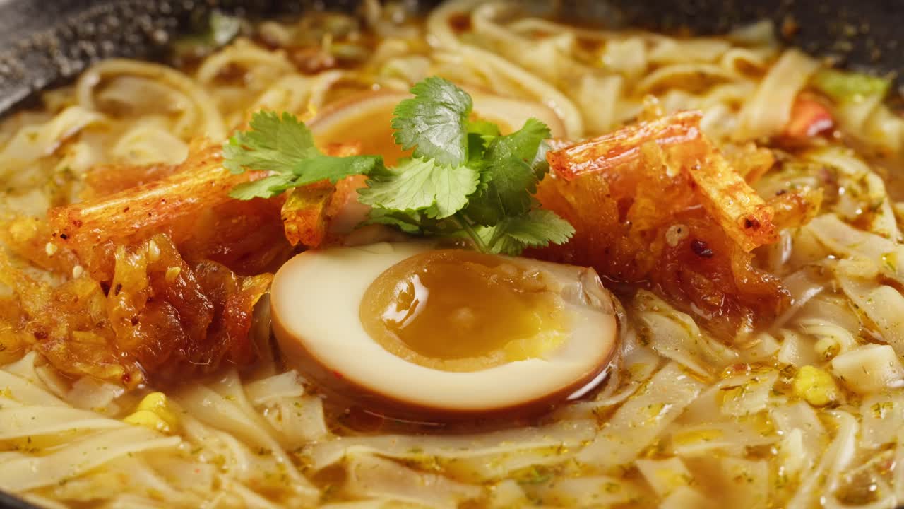 Closeup of Delicious Asian Noodle Soup with Egg