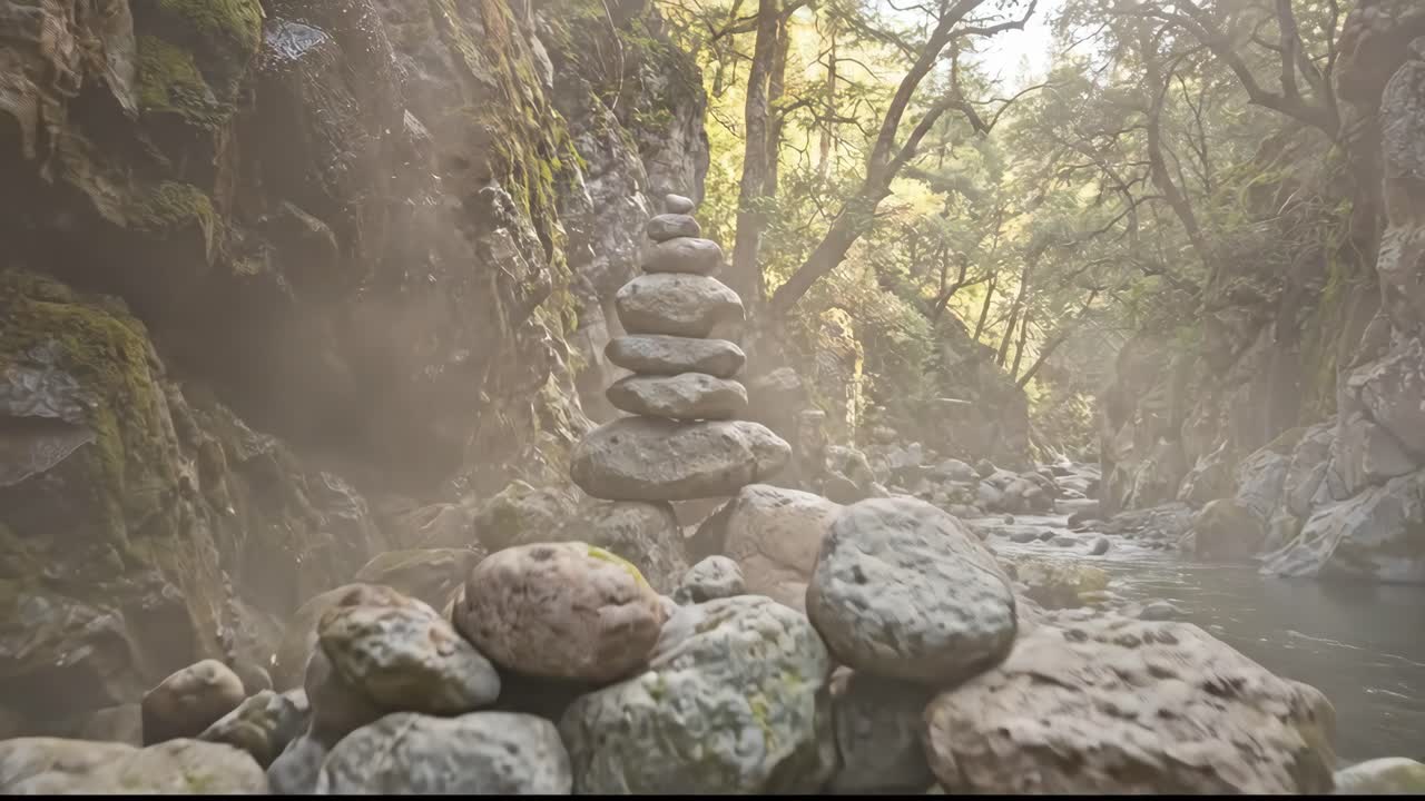 Rocce impilate magicamente a formare un cairn in un fiume della foresta