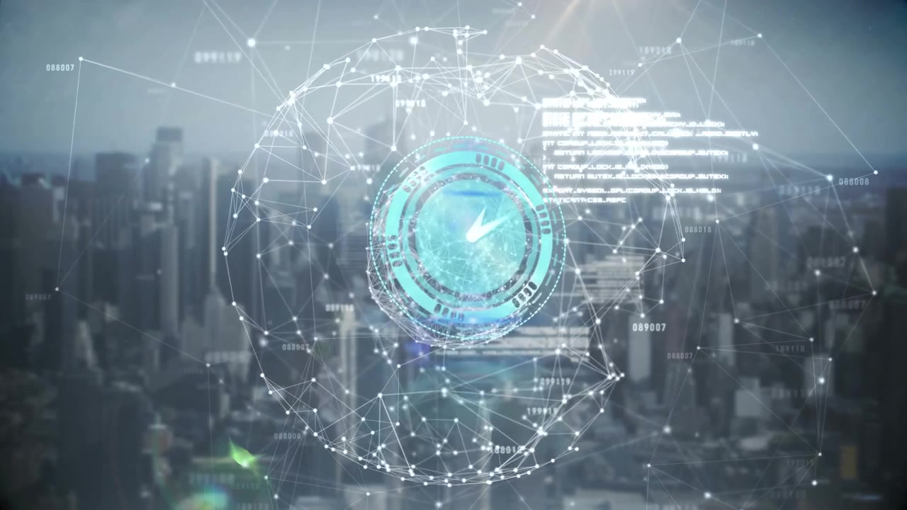 Animation of clock moving fast and data processing over cityscape