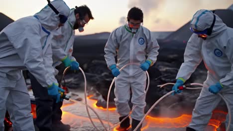 scientists in protective gear conducting research near a volcanic lava flow, collecting samples while monitoring geological activity and environmental safety