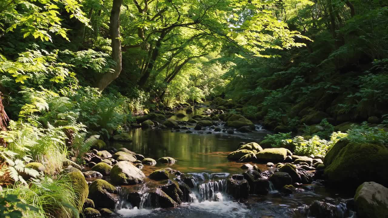 Serene forest stream video with a low-angle view, capturing sunlight filtering through lush green