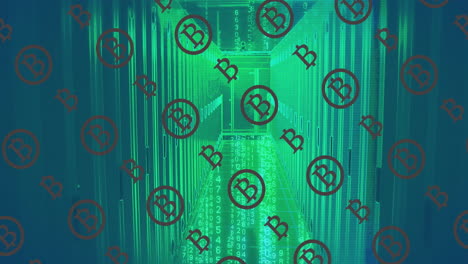 animation of bitcoins over green symbols in server room