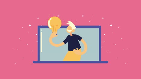 portátil con hombre y bombilla animación de redes sociales
