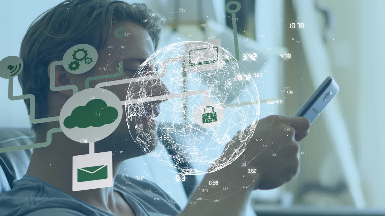 Animation of network of connections and globe over caucasian men using smartphone