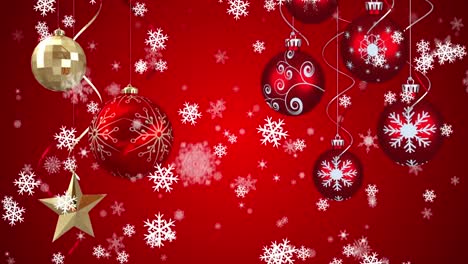 Digital-animation-of-snow-falling-over-christmas-baubles-and-stars-decorations-hanging